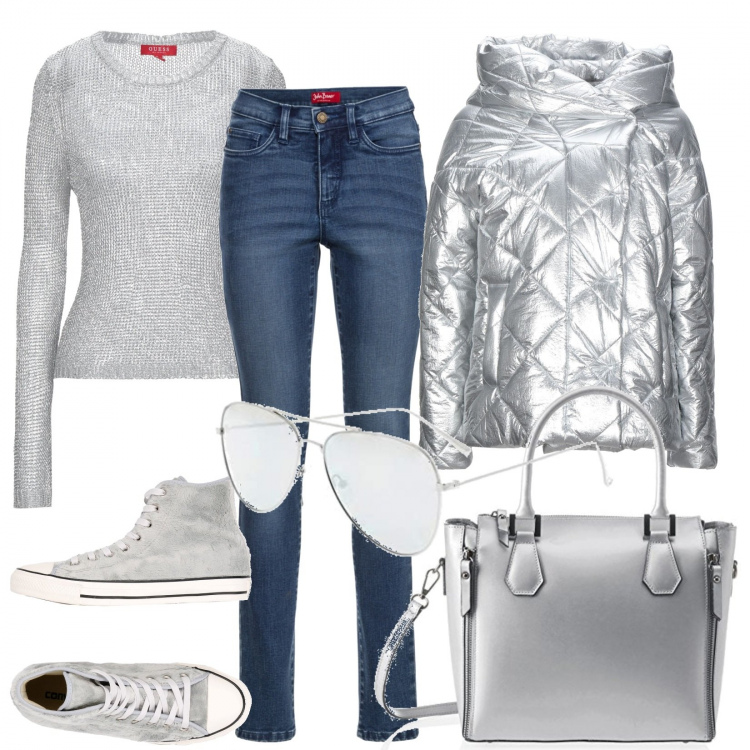 Outfit donna - Silver basic. Stile Basic per Tutti i giorni. Abbinamento con jeans slim fit, piumini, sneakers alte, pullovers, borse a spalla, occhiali da sole.