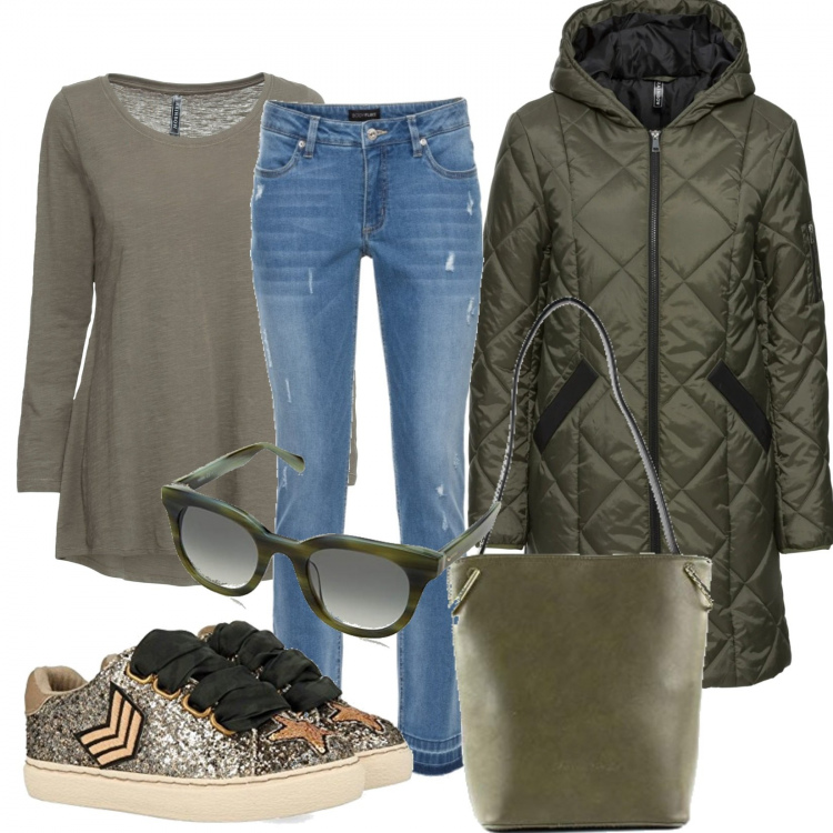 Outfit donna - Con le stellette. Stile Basic per Tutti i giorni. Abbinamento con maglieria, cappotti, jeans skinny, sneakers, borse a spalla, occhiali da sole.