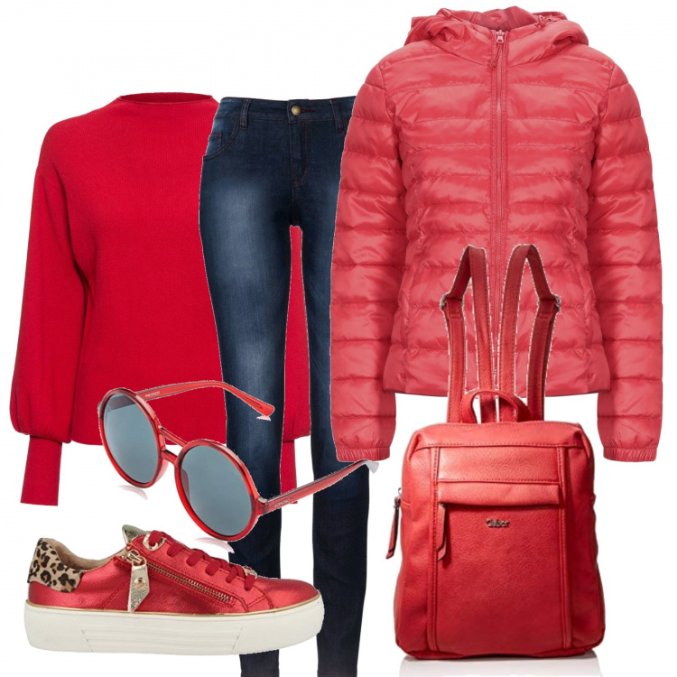Outfit donna - Rossana. Stile Basic per Tutti i giorni. Abbinamento con maglieria, jeans skinny, piumini, sneakers, zaini, occhiali da sole.