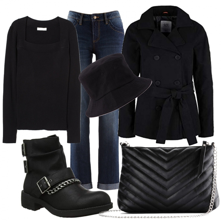 Outfit donna - Rainy day con le catene. Stile Trendy per Tutti i giorni. Abbinamento con jeans dritti, borse a tracolla, cappelli con visiera, blazer, pullovers, stivali.