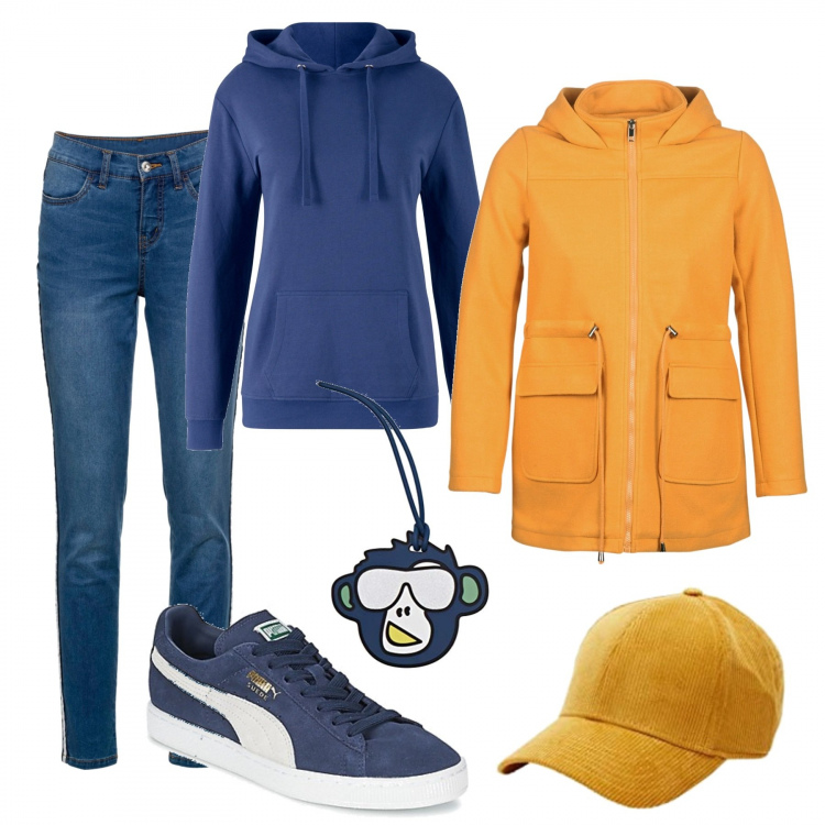 Outfit donna - Mix&Match. Stile Basic per Tutti i giorni. Abbinamento con felpe con cappuccio, jeans skinny, cappotti, sneakers, portachiavi, cappelli con visiera.