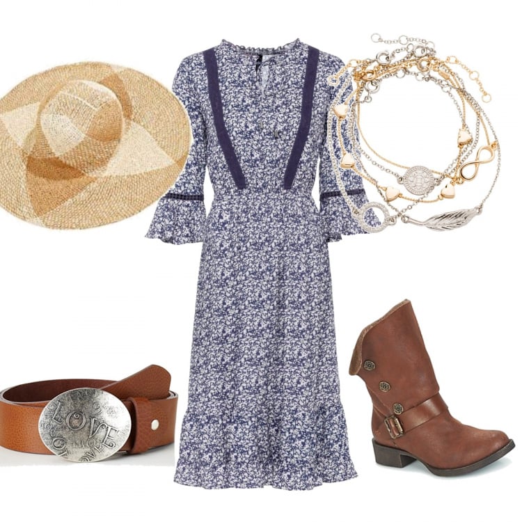 Outfit donna - Country style. Stile Etnico per Tutti i giorni. Abbinamento con blazer, braccialetti con ciondoli, stivaletti, cinture, cappelli.