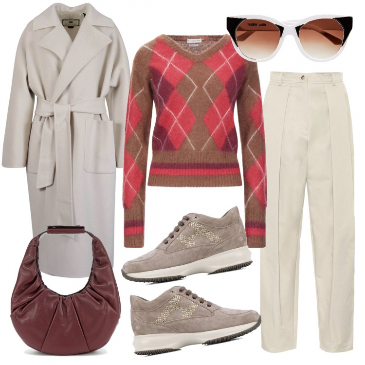 Outfit donna - Tutte le sfumature. Stile Trendy per Tutti i giorni. Abbinamento con pullovers, occhiali da sole, sneakers, cappotti, pantaloni, borse a tracolla.