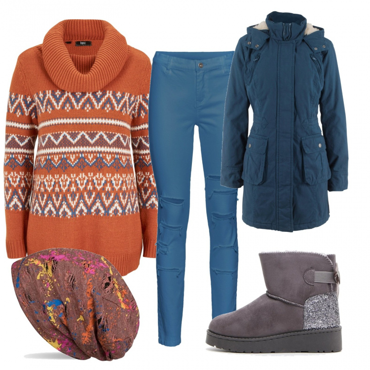 Outfit donna - In montagna. Stile Basic per Sport. Abbinamento con pantaloni, parka, maglieria, stivaletti, berretti.