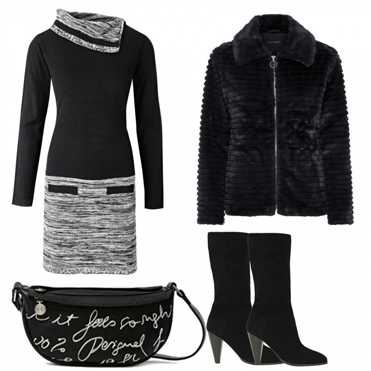 Outfit donna - Abito bicolore. Stile Trendy per Ufficio. Abbinamento con vestiti, ecopellicce, stivali, borse a tracolla.