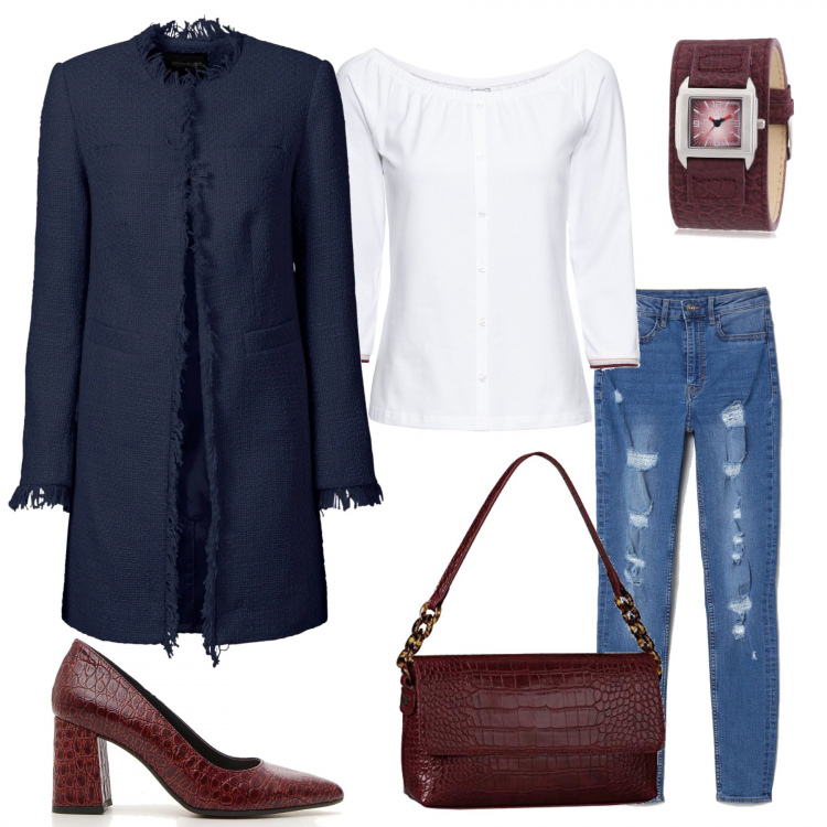 Outfit donna - Fedeli alla maglia bianca. Stile Trendy per Tutti i giorni. Abbinamento con blazer, pullovers, jeans skinny, décolleté, borse a spalla, orologi.