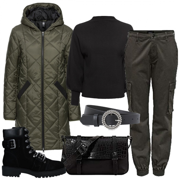 Outfit donna - In verde militare e nero.. Stile Basic per Tutti i giorni. Abbinamento con maglieria, cappotti, stivaletti, pantaloni cargo, cinture, borse a tracolla.