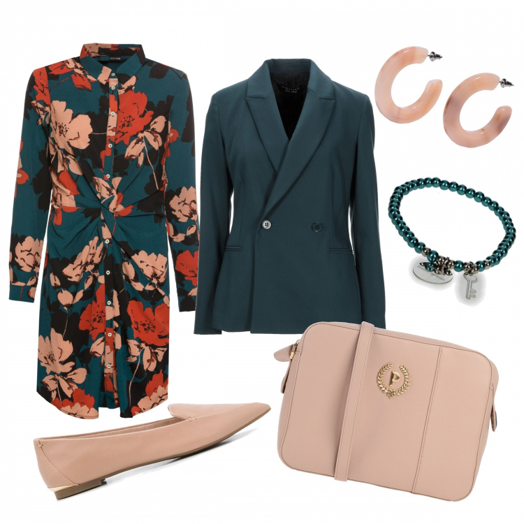 Outfit donna - Vestito fantasia per borsetta cipria. Stile Trendy per Tutti i giorni. Abbinamento con borse a tracolla, blazer, orecchini, vestiti, braccialetti, décolleté.