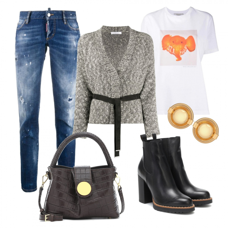 Outfit donna - Sonia. Stile Basic per Tutti i giorni. Abbinamento con cardigans, t-shirt, jeans strappati, orecchini, stivaletti chelsea, borse a mano.