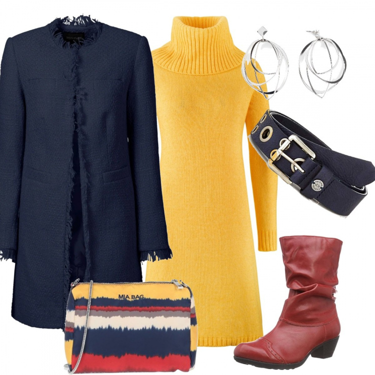 Outfit donna - Colori primari. Stile Trendy per Scuola/Università. Abbinamento con blazer, vestiti, jeans dritti, borse a mano, stivaletti, cinture.