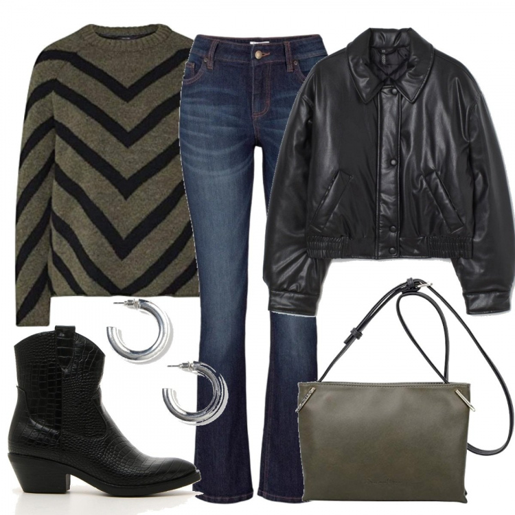 Outfit donna - Per le strade di Milano. Stile Trendy per Tutti i giorni. Abbinamento con jeans bootcut, pullovers, borse a tracolla, stivaletti texani, bomber, orecchini.