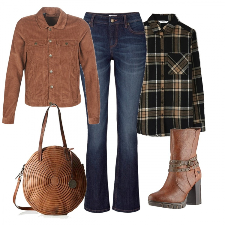 Outfit donna - Old wild West. Stile Trendy per Tutti i giorni. Abbinamento con jeans bootcut, camicie, blazer, stivali, borse messenger.