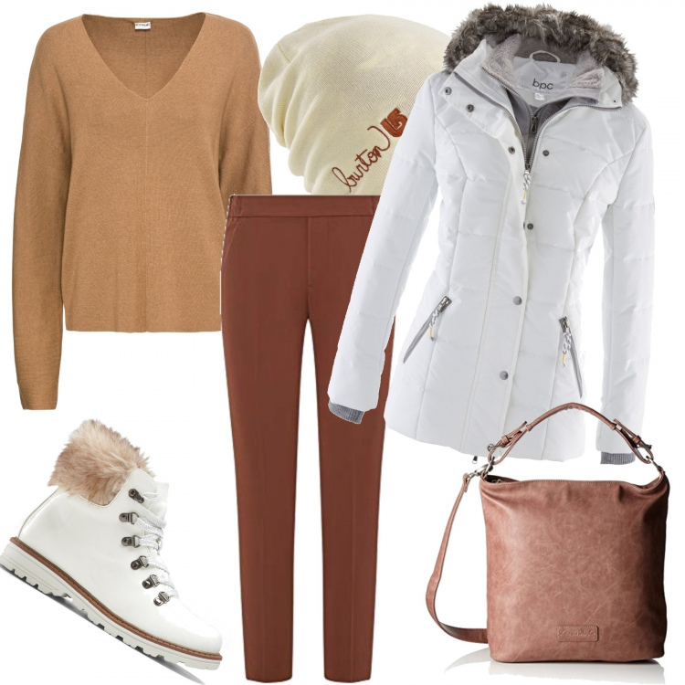 Outfit donna - Colori neutri. Stile Urban per Tutti i giorni. Abbinamento con piumini, stivaletti, maglieria, berretti, pantaloni, borse a spalla.