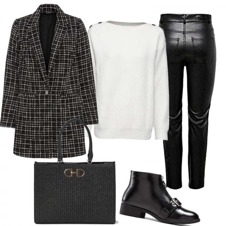 Outfit donna - Trendy #5870. Stile Trendy per Ufficio. Abbinamento con maglieria, stivaletti, vestiti asimmetrici, pantaloni, shopping bag.