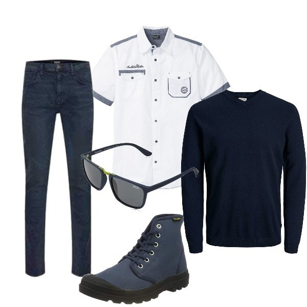 Outfit uomo - Polo e pullover. Stile Urban per Tutti i giorni. Abbinamento con camicie a manica corta, maglioni, jeans slim fit, stivali e stivaletti, occhiali da sole.