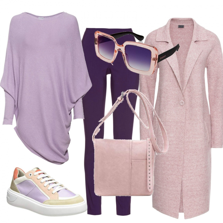 Outfit donna - Coloratisssssima. Stile Basic per Tutti i giorni. Abbinamento con cappotti, maglioni, pantaloni, sneakers, occhiali da sole, borse a tracolla.