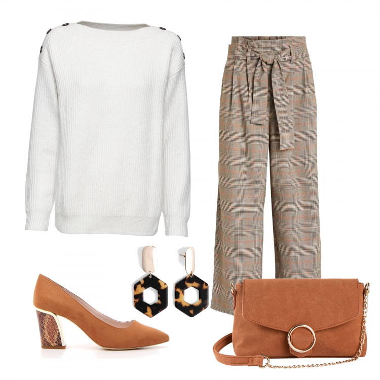 Outfit donna - Best of the week. Stile Trendy per Tutti i giorni. Abbinamento con maglieria, maglieria, orecchini, pantaloni, décolleté.