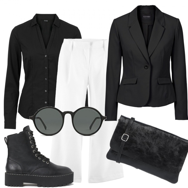 Outfit donna - Pantapalazzo & blazer. Stile Trendy per Tutti i giorni. Abbinamento con camicie, pantaloni capri, blazer, borse a tracolla, stivaletti, occhiali da sole.