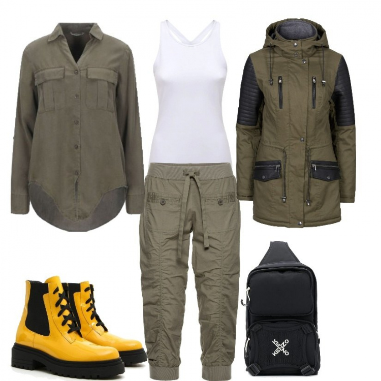 Outfit donna - Vacanza in montagna. Stile Urban per Tutti i giorni. Abbinamento con parka, pantaloni capri, camicie, zaini, anfibi, canottiere.