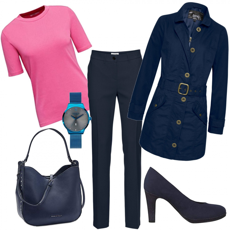 Outfit donna - Oggi un bel massaggio. Stile Trendy per Tutti i giorni. Abbinamento con pantaloni, trench, décolleté, borse a tracolla, t-shirt, orologi.