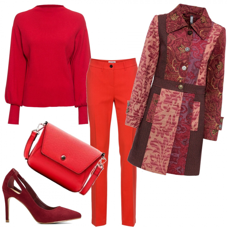 Outfit donna - Red passion. Stile Chic per Serata fuori. Abbinamento con maglieria, cappotti, pullovers, pantaloni, borse a tracolla.