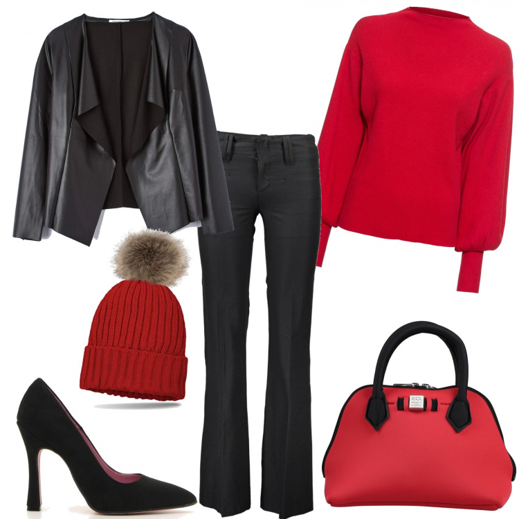 Outfit donna - Nero e rosso. Stile Chic per Tutti i giorni. Abbinamento con maglieria, borse a mano, giacche, pantaloni, décolleté, berretti.