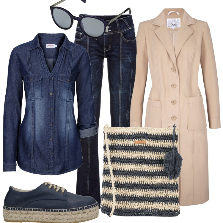 Outfit donna - Accessori impagliati. Stile Trendy per Tutti i giorni. Abbinamento con jeans bootcut, camicie, cappotti, sneakers, borse a tracolla, occhiali da sole.