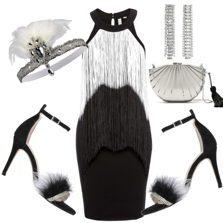 Outfit donna - Festa tema anni trenta!. Stile Sexy per Serata fuori. Abbinamento con sandali col tacco, borse a secchiello, clutch, orecchini, fasce per capelli.