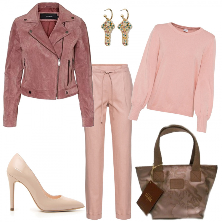 Outfit donna - Pausa pranzo insieme. Stile Chic per Tutti i giorni. Abbinamento con pantaloni, maglieria, shopping bag, blazer, décolleté, orecchini.