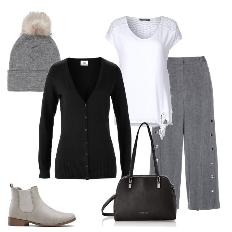 Outfit donna - Nero a metà. Stile Trendy per Tutti i giorni. Abbinamento con cardigans, pantaloni culotte, stivaletti chelsea, berretti, t-shirt, borse a tracolla.