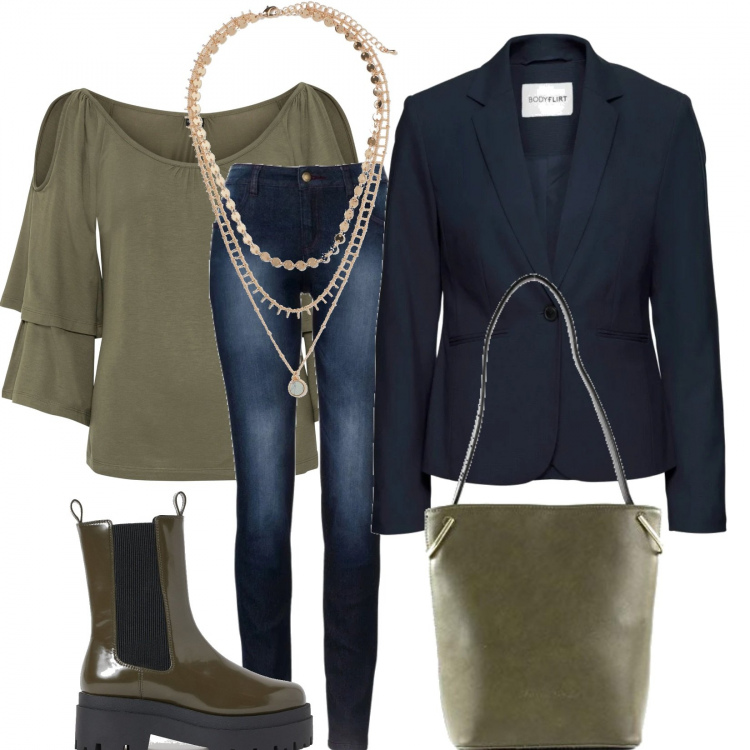 Outfit donna - Il militare con il blazer. Stile Trendy per Tutti i giorni. Abbinamento con blazer, jeans skinny, maglieria, borse a spalla, stivaletti chelsea, ciondoli.