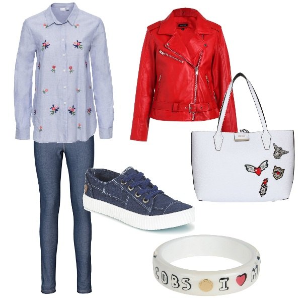 Outfit donna - Basic #5956. Stile Basic per Tutti i giorni. Abbinamento con jeggings, camicia fantasia floreale con ricamo blu, bracciale.