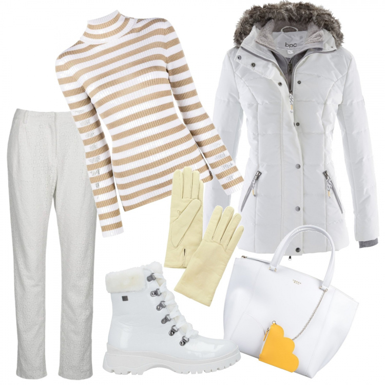 Outfit donna - Bianco ghiaccio. Stile Urban per Tutti i giorni. Abbinamento con piumini, stivaletti, borse a mano, guanti, pantaloni, maglioni.