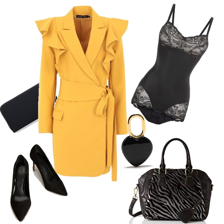 Outfit donna - L\'abito giallo. Stile Chic per Cerimonia. Abbinamento con body, vestiti corti, portafogli, ciondoli, décolleté, borse a mano.