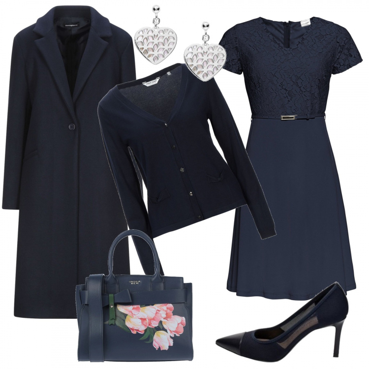 Outfit donna - Cerimonia in blu. Stile Chic per Cerimonia. Abbinamento con vestiti corti, cappotti, cardigans, borse a mano, orecchini, décolleté.