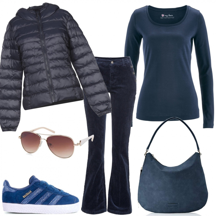 Outfit donna - Due passi dopo pranzo. Stile Basic per Tutti i giorni. Abbinamento con maglieria, pantaloni, piumini, sneakers, borse a tracolla, occhiali da sole.