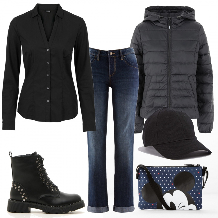 Outfit donna - La borsa di topolino. Stile Urban per Tutti i giorni. Abbinamento con jeans dritti, camicie, borse a tracolla, piumini, cappelli con visiera, anfibi.