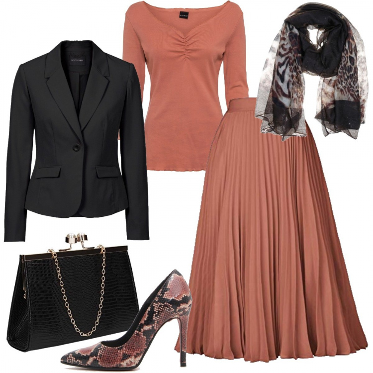 Outfit donna - Il low cost indossato con stile. Stile Chic per Serata fuori. Abbinamento con blazer, pullovers, sciarpe, gonne longuette, décolleté, pochette.
