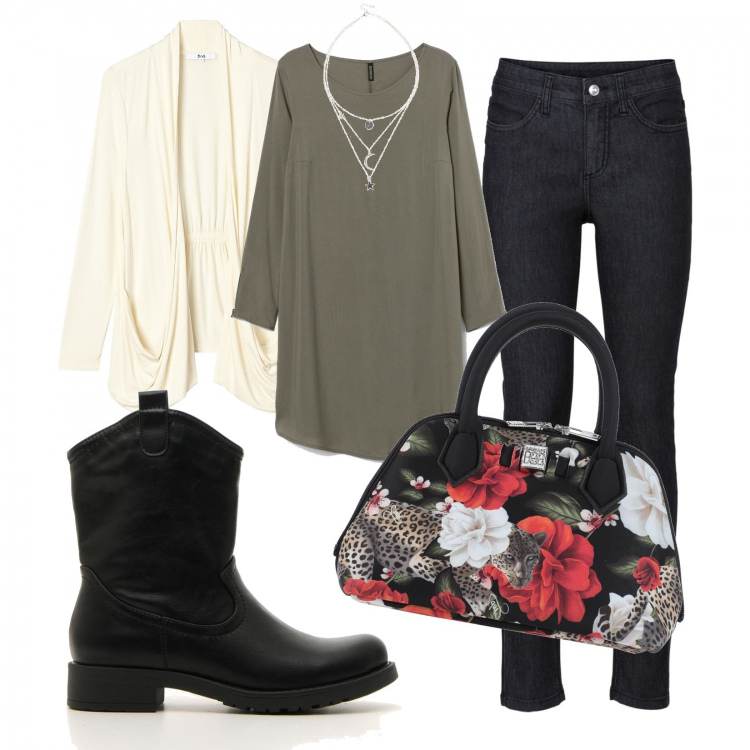 Outfit donna - Borsa a fiori. Stile Basic per Tutti i giorni. Abbinamento con jeans skinny, collane, borse a mano, vestiti corti, cardigans, stivaletti.