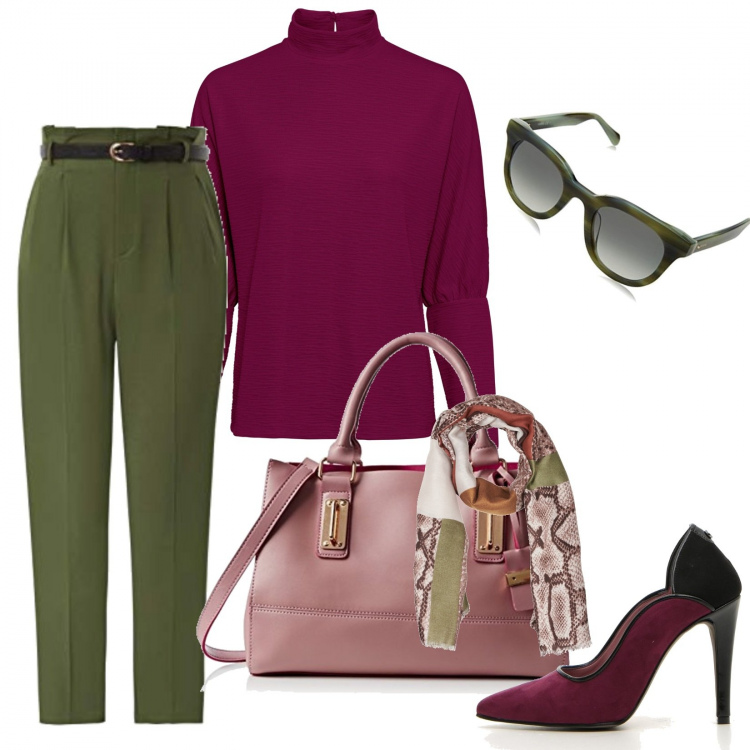 Outfit donna - Kiwi pomegranate. Stile Basic per Ufficio. Abbinamento con shorts, sciarpe, pantaloni, décolleté, borse a tracolla, occhiali da sole.