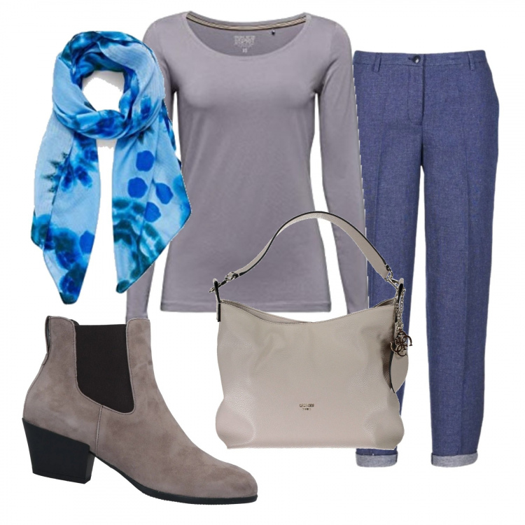 Outfit donna - Mood. Stile Trendy per Tutti i giorni. Abbinamento con stivaletti chelsea, pantaloni, borse a mano, sciarpe, t-shirt.