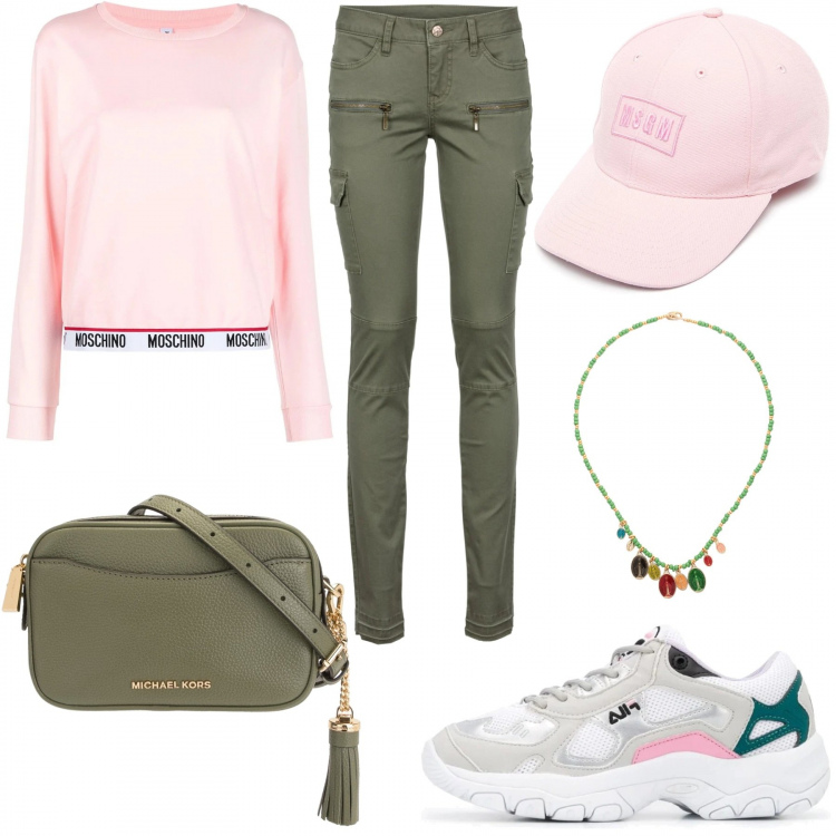 Outfit donna - Cargo chunky. Stile Urban per Tutti i giorni. look ideale per Tall. Abbinamento con pantaloni cargo, collane, sneakers, marsupi, felpe, cappelli con visiera.