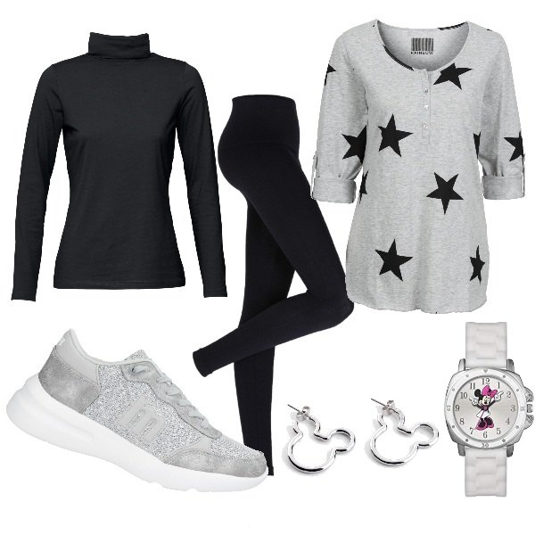 Outfit donna - In casa sempre comoda. Stile Basic per Tutti i giorni. Abbinamento con leggings, maglieria, pullovers, orecchini, sneakers, orologi analogici.