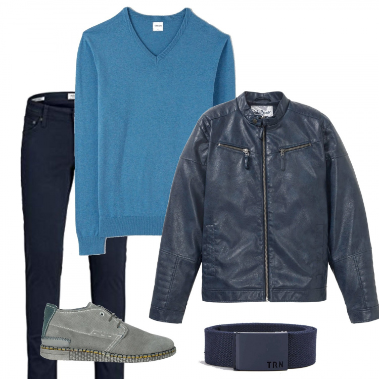 Outfit uomo - Domenica mattina. Stile Casual per Tutti i giorni. Abbinamento con scarpe stringate, pullovers, cinture, giacche, jeans.