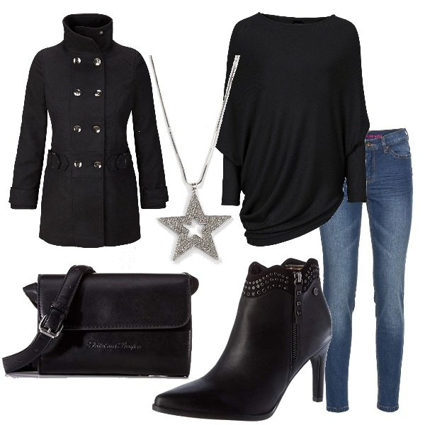 Outfit donna - Il maglione per tutti i giorni. Stile Trendy per Tutti i giorni. Abbinamento con maglieria, jeans skinny, blazer, ciondoli, stivaletti, borse a tracolla.