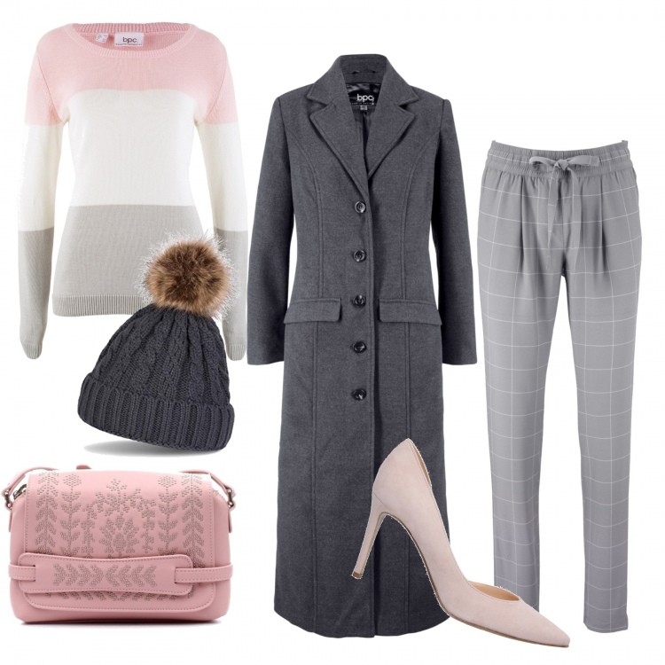 Outfit donna - Grigio e rosa. Stile Chic per Tutti i giorni. Abbinamento con maglieria, pantaloni, cappotti, décolleté, borse a tracolla, berretti.