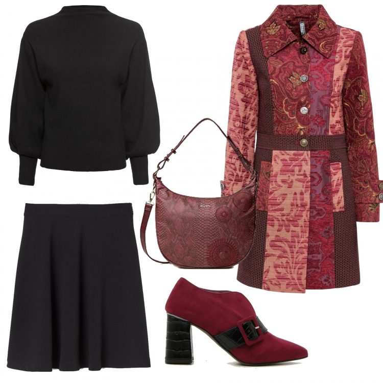 Outfit donna - Monday style: gonna a ruota. Stile Trendy per Ufficio. Abbinamento con maglieria, cappotti, minigonne, décolleté, borse a tracolla.