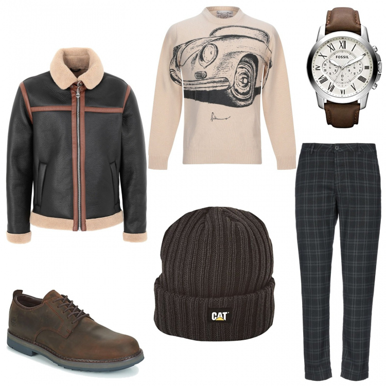 Outfit uomo - Casual #2378. Stile Casual per Tutti i giorni. Abbinamento con scarpe stringate, pantaloni, cappotti, pullovers, berretti, orologi.