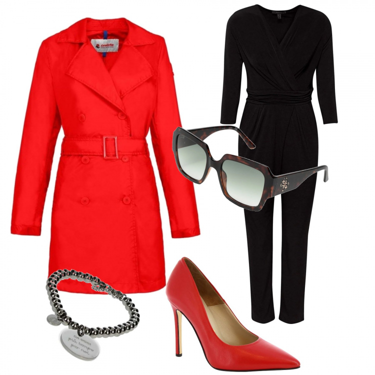 Outfit donna - Red passion. Stile Chic per Serata fuori. Abbinamento con occhiali da sole, décolleté, trench, braccialetti, tute.