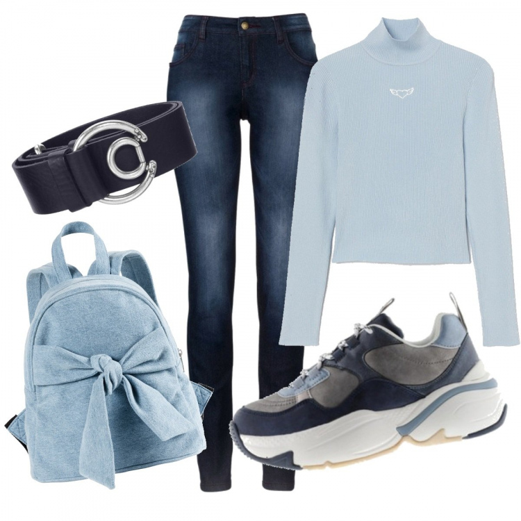 Outfit donna - Azzurro come il cielo. Stile Trendy per Tutti i giorni. Abbinamento con jeans skinny, zaini, sneakers, pullovers, cinture.